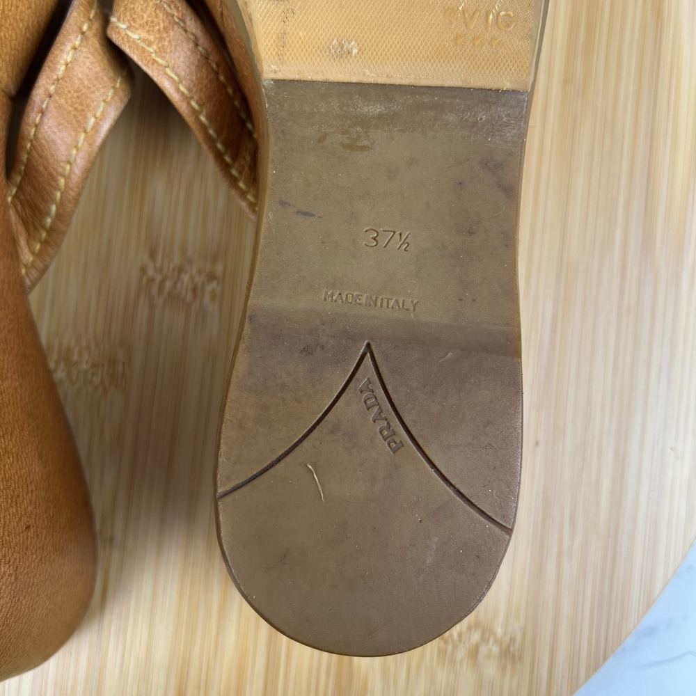 VTG Y2K Prada Womens Size 7.5 EU 37.5 Brown Tan Logo Wood Platform Wedge Sandals - Picture 10 of 11